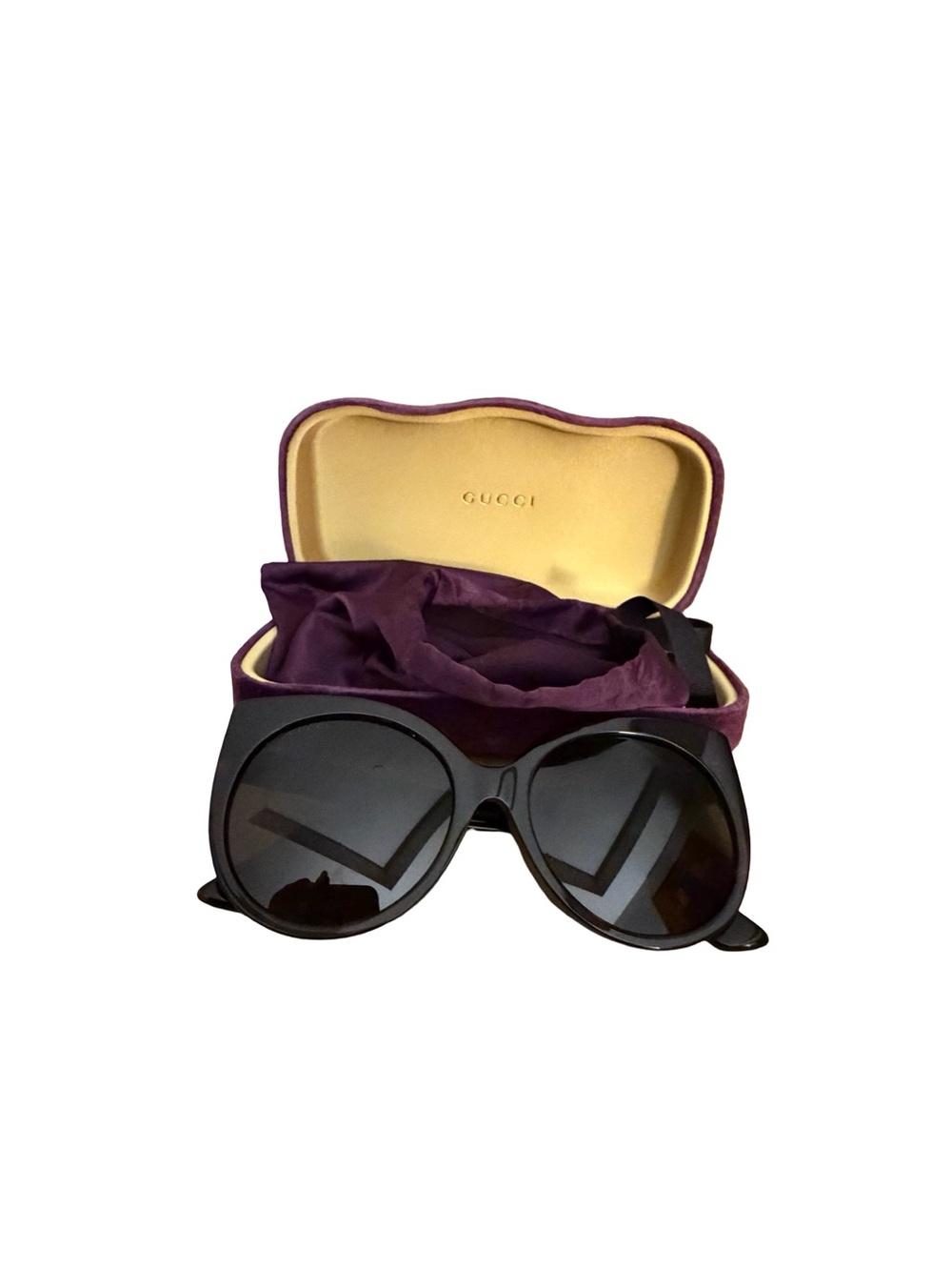 Gucci Women's Black Oversized Round Sunglasses with Purple Velvet Case Interior